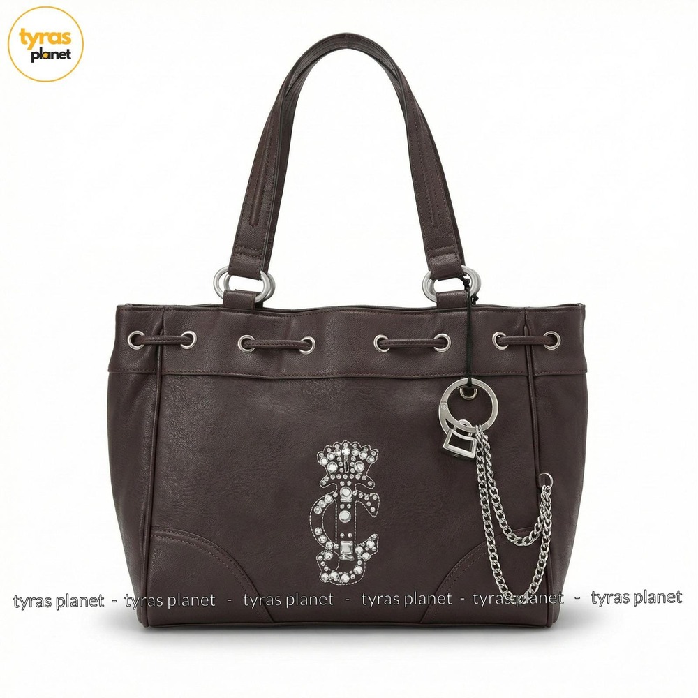 Juicy Couture Chocolate Brown Tote Bag Crystal Crown Logo Bling Shoulder Purse